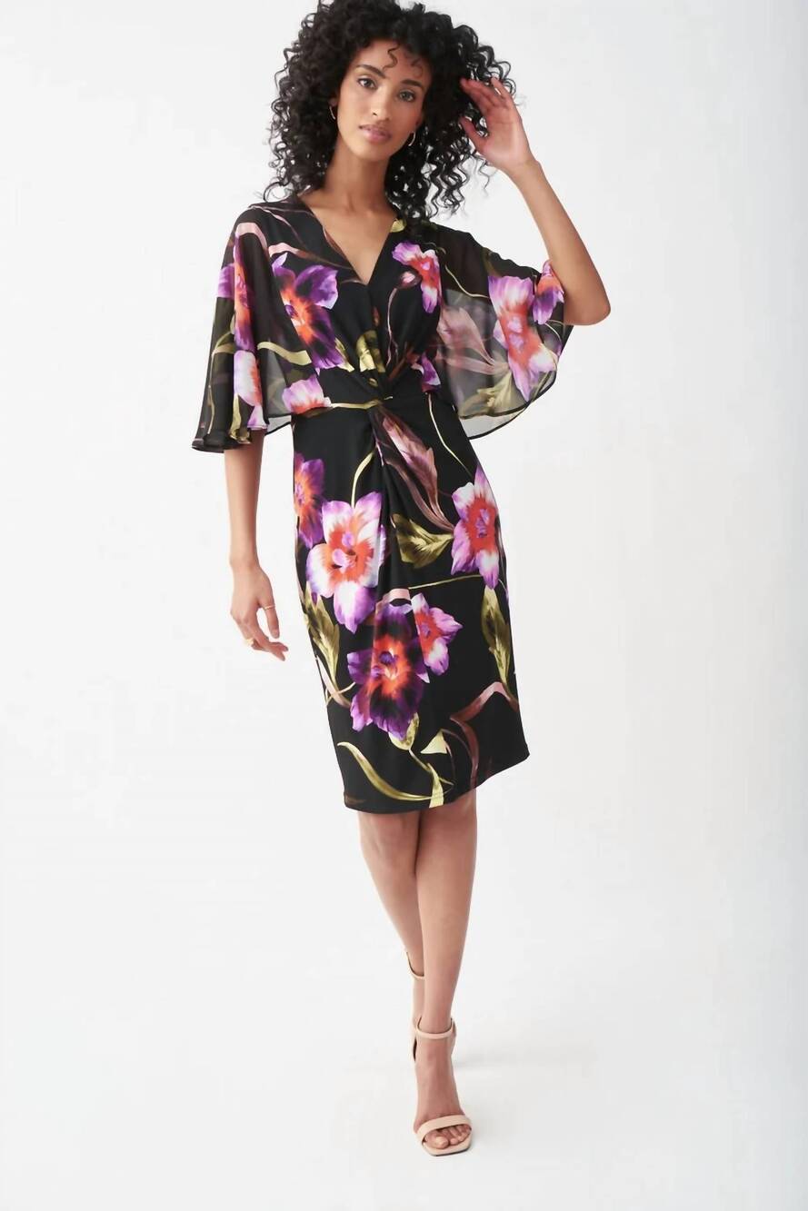 NEW JOSEPH RIBKOFF elegant foiled chiffon overlay sheath dress in black/multi